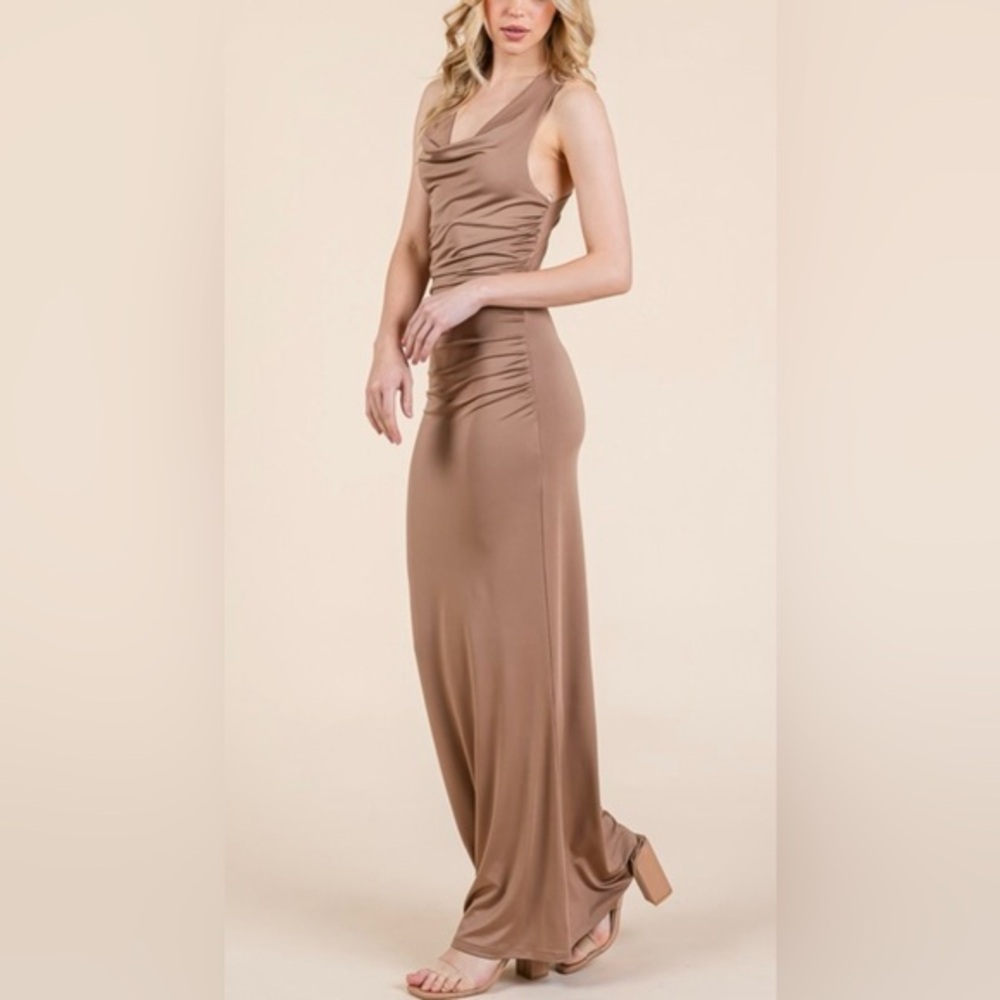Elegant Tan Evening Maxi Dress - LARGE